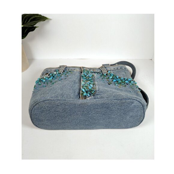 VTG Hand & Heart Walnut CA Hand MadeTURQUOISE Stones DENIM SHOULDER Bag BEADED - Picture 6 of 11